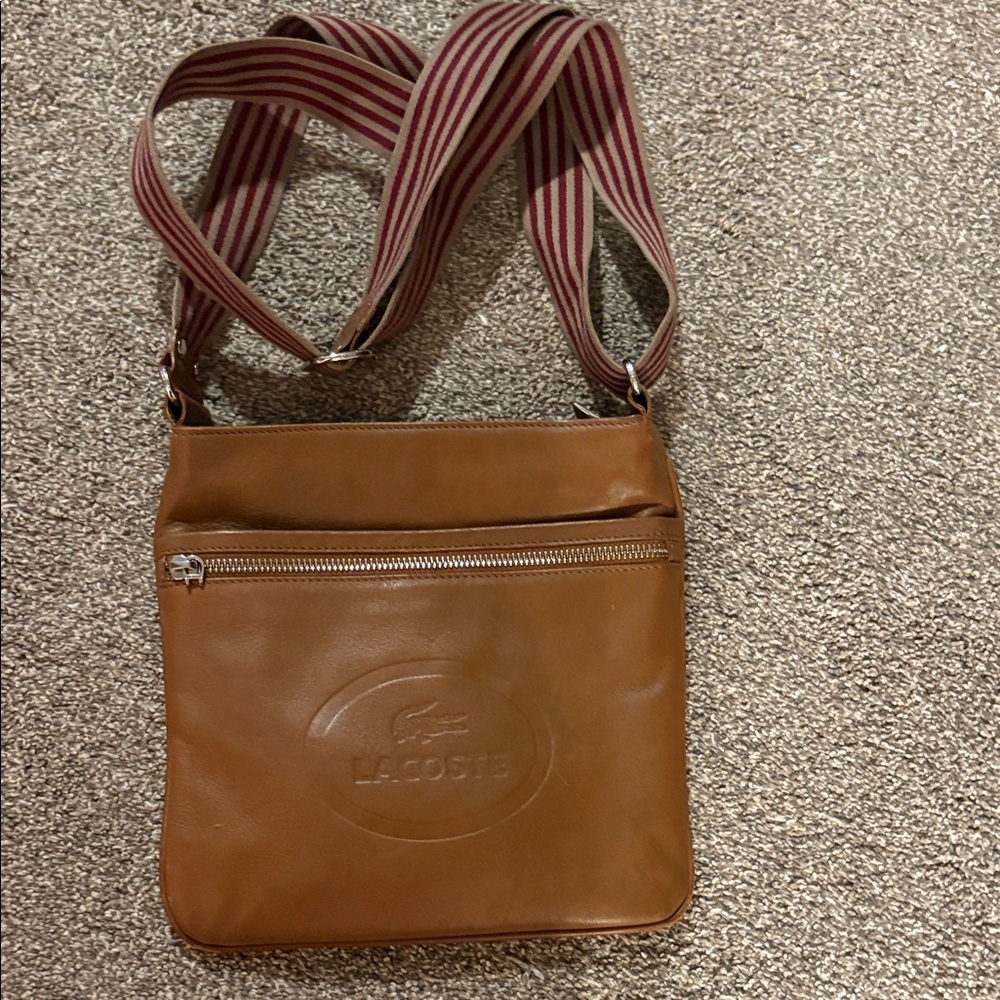 Lacoste calf leather Tan Messenger Bag with Striped Strap EUC